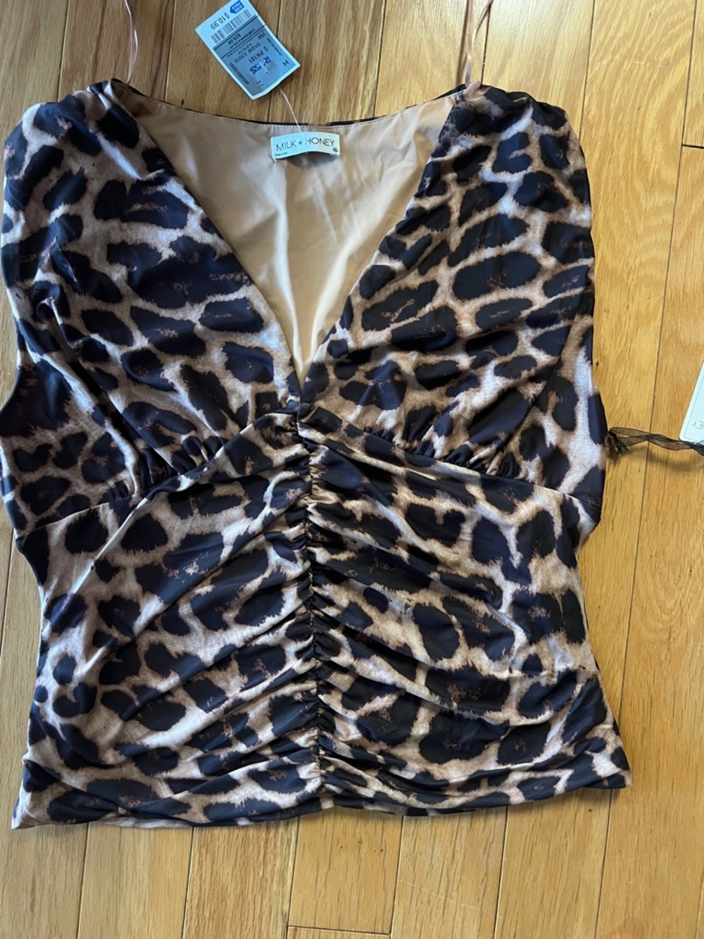Women's Leopard Ruched V-Neck Top - Brown/Black
